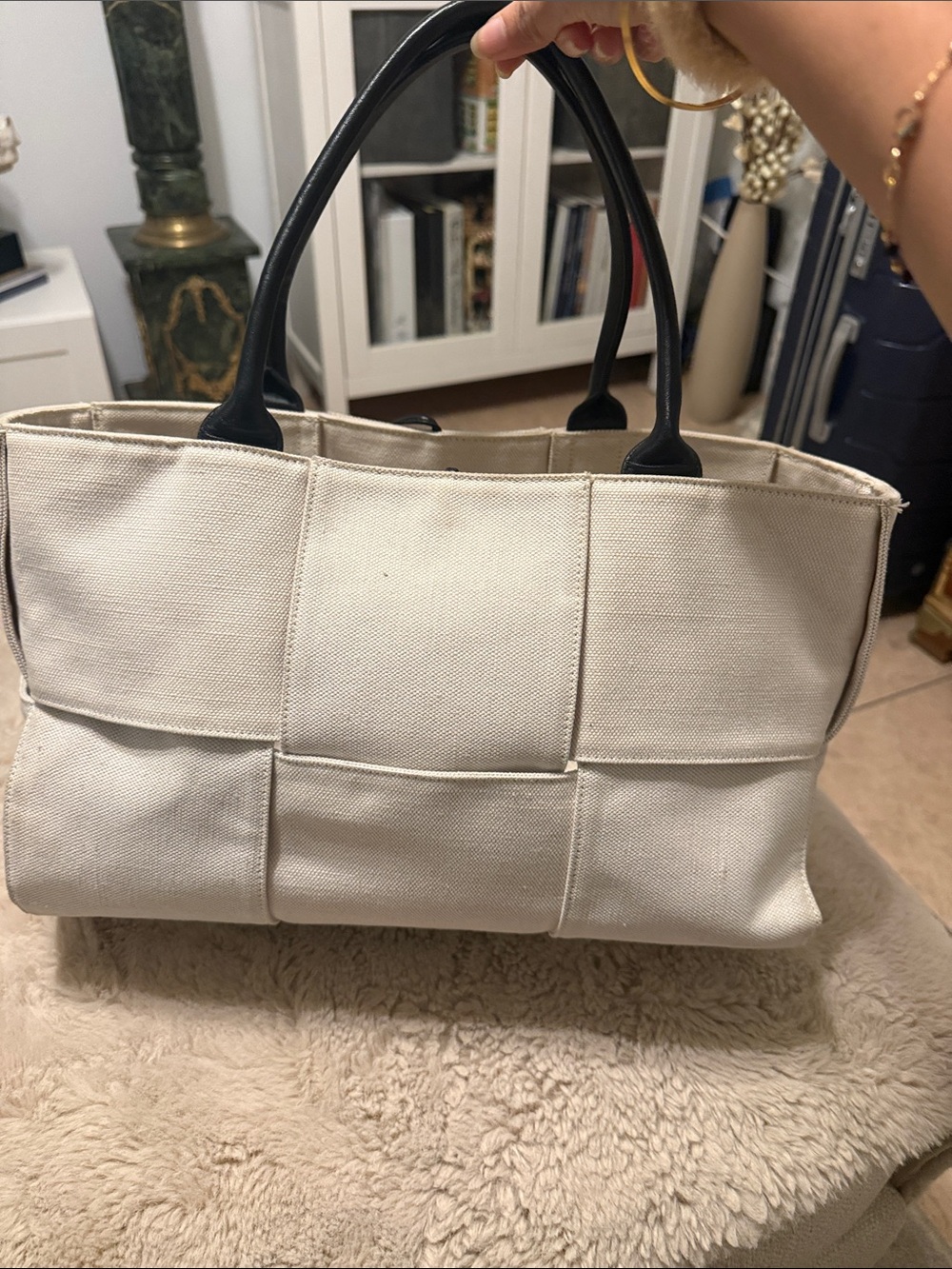 Bottega Veneta Cream Canvas Tote with Black Handles